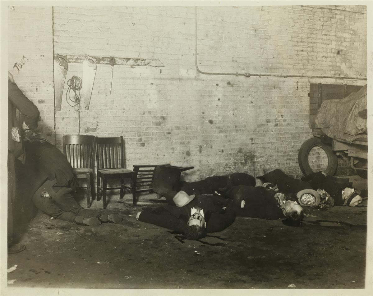 (CRIME--CHICAGO GANG VIOLENCE) Two photographs depicting the aftermath of the bloody St. Valentines Day Massacre.